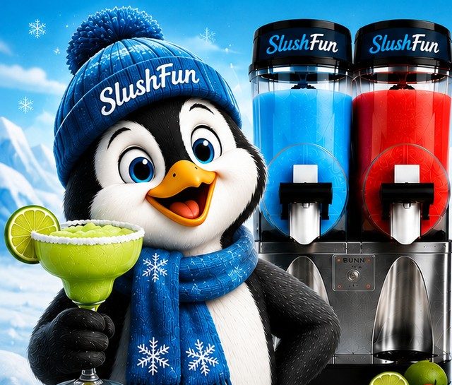 The SlushFun penguin mascot holding a frozen margarita next to a frozen drink machine